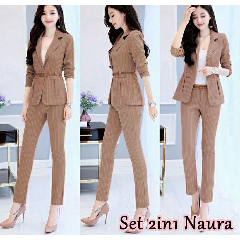 Set 2in1 naura setalan kerja wanita / blazer celana fee belt / Pakaian formal