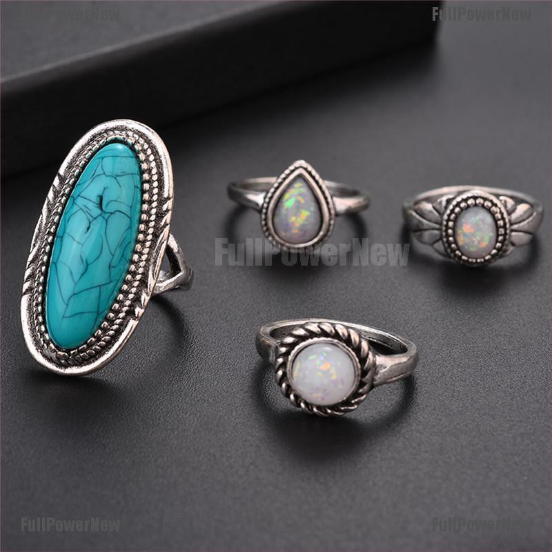 (FULL Jy) 8PCS / Set Cincin Gaya Bohemian Motif Geometri Aksen Turquoise + Opal Untuk Perhiasan Wanita / Pernikahan