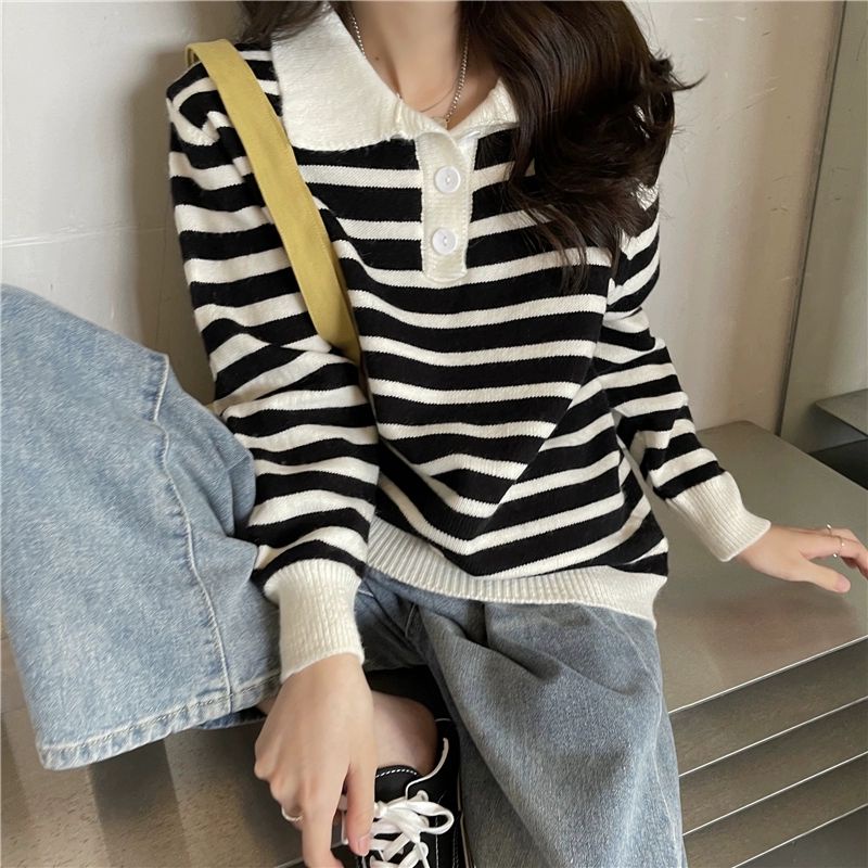 Polo Stripes Knit Import - Atasan Polo Rajut Wanita - Korean Polo Knit TM (51047)