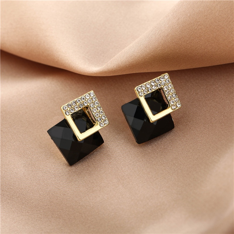 Anting Tusuk Gantung Temperament Bahan Sterling Silver 925 Desain Persegi Hias Berlian Hitam Gaya Trendy Untuk Wanita