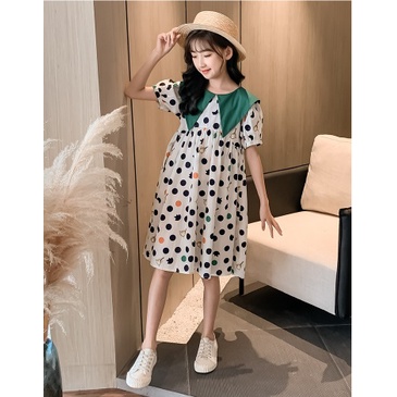 DRESS Anak cewek import 5TH-14TH TERUSAN PREMIUM- BOLA BOLA POLKADOT KERAH HIJAU