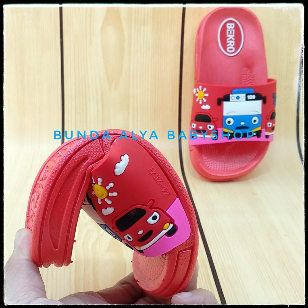 Sendal Anak Laki Laki Usia 6 Tahunan BUS MERAH Karet Elastis - Sendal Anak Cowok Elastis Size 31 - 32 Anti Licin