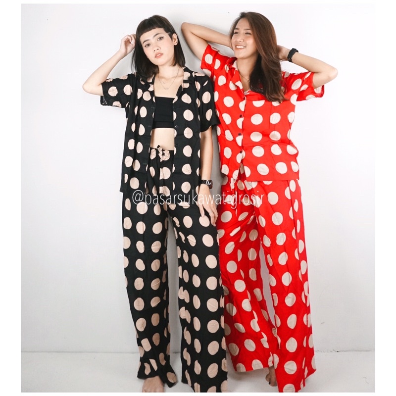 SETELAN CELANA PANJANG BAJU TIDUR PIYAMA KEMEJA FULL KANCING BUSUI FRIENDLY POLKADOT