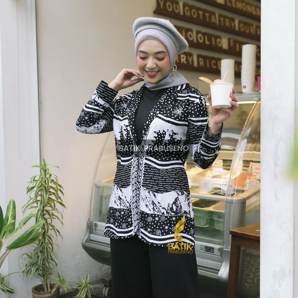 Andara Blazer Atasan Batik Wanita Modern Lengan Panjang Full Furing Lapis Trikot Katun Printing Handmade Prabuseno Original Premium