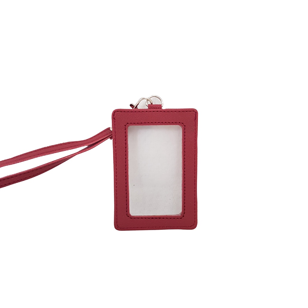 

ID Flashee Card Lanyard Kulit Dua Sisi Transparan Termurah PU Leather ID Card Holder Plastik Name Tag Mika Maroon