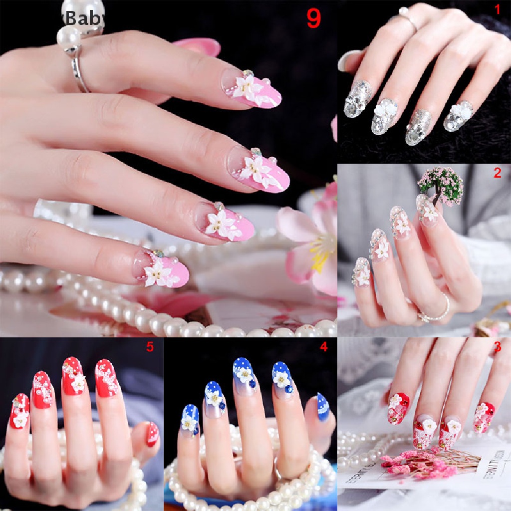 Newbaby 24pcs / Set Kuku Palsu Transparan Motif Bunga Aksen Manik-Manik Untuk Aksesoris Wanita / Foto studio DIY