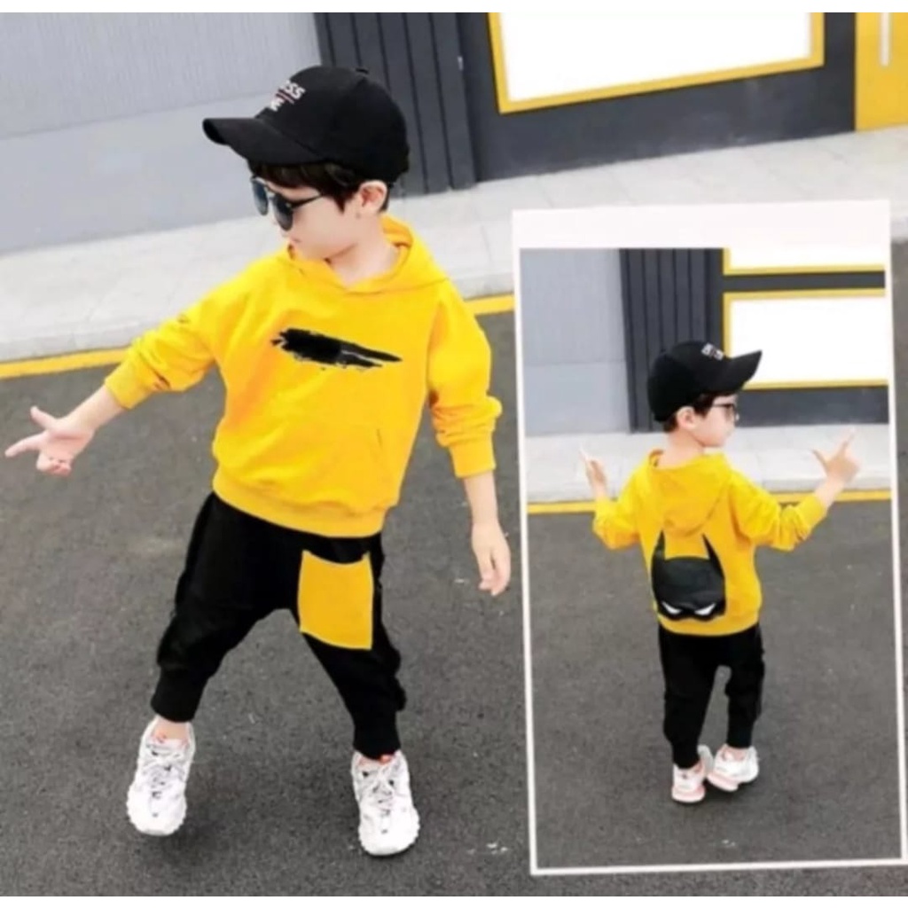 NUR - HOODIES SET | SETELAN MUSIM DINGIN ANAK LAKI-LAKI DAN PEREMPUAN SETELAN HOODIE BATMAN KUNING CELANA BABYTERRY 1-5 TAHUN