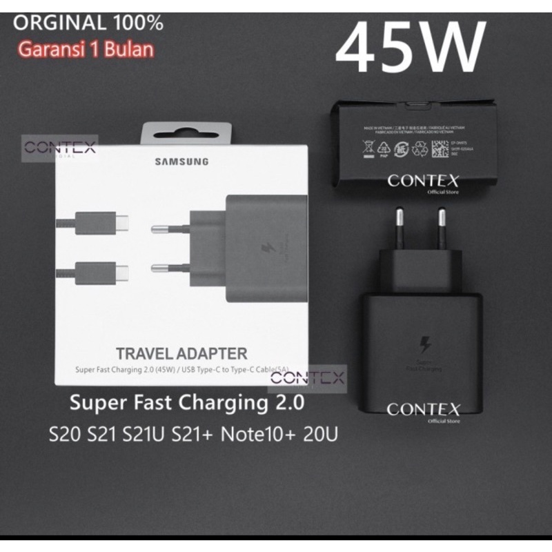 Charger Samsung 45W S21 S20 Ultra S20+ / Galaxy Note 10 Plus / 20 Ultra Type c 45W Super Fast Charging Original100%