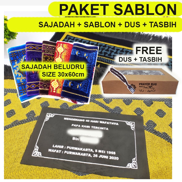 Paket Sablon Sajadah Turki Kecil/Muka/Kepala dengan box dan tasbih