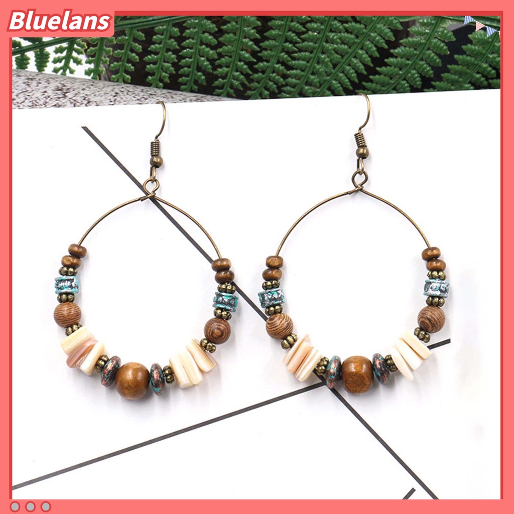 1 Pasang Anting Bentuk Bulat Bahan Alloy Aksen Manik-Manik Kayu Gaya Retro Boho