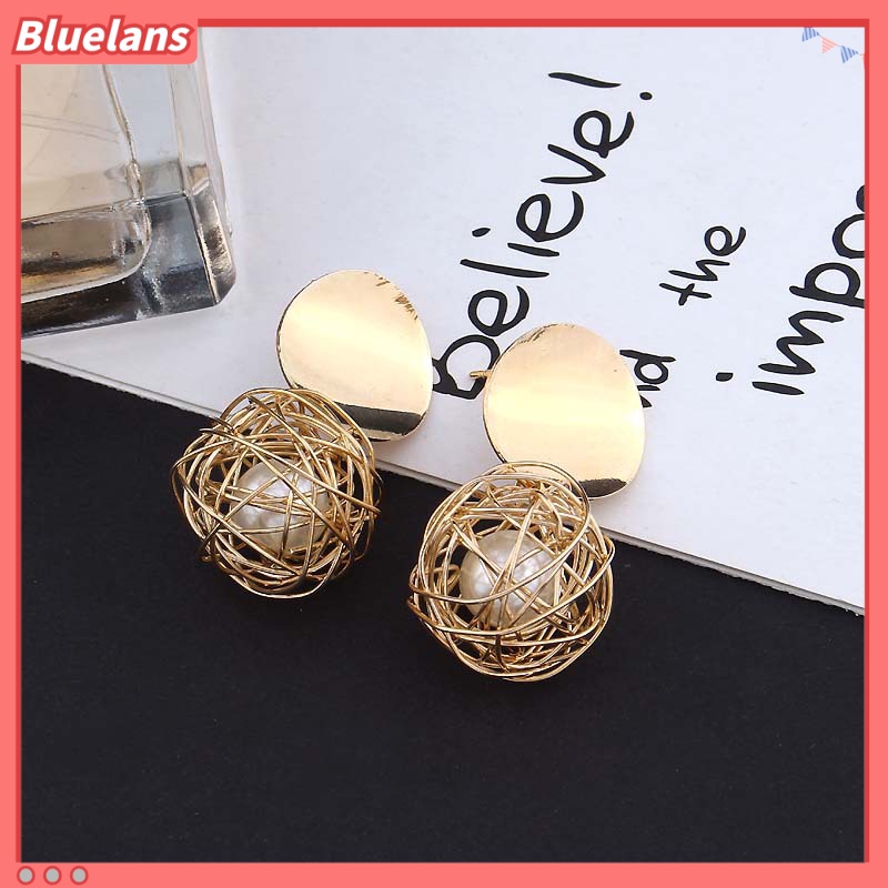 Bluelans Women Fashion Geometric Woven Hollow Ball Faux Pearl Drop Earrings Jewelry Gifts