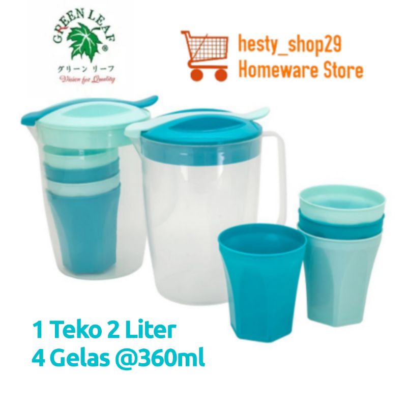 Set Teko + Gelas 4pcs Plastik Teko Jug Pitcher Eskan Set Toscana Series Greenleaf Green Leaf