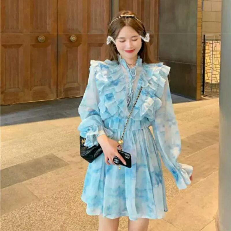 1974 Baju mini dress pesta dres Korea Korean style ruffle biru wanita premium import baju minidress 