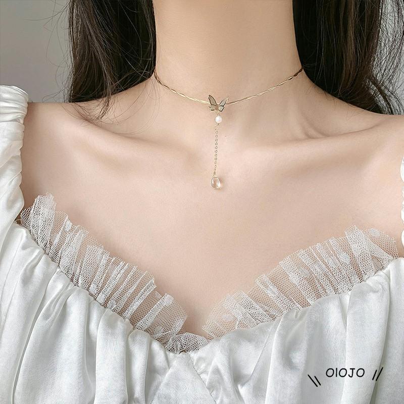 Kalung Rantai Clavicle Simple Dengan Liontin Kupu-Kupu + Tetesan Air Untuk Wanita ol2