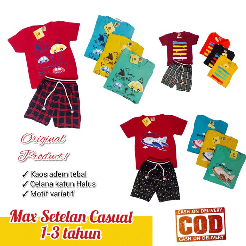 Max Setelan Anak Laki-laki 1-3 tahun Casual Bahan Katun Adem Halus Tebal Lembut Model Baju Kaos cela