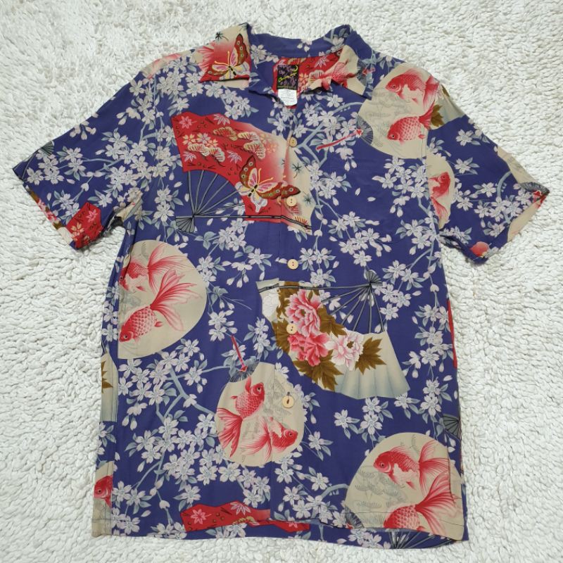 kemeja oniwa soto motif kipas ikan koi bunga sakura kupu kupu