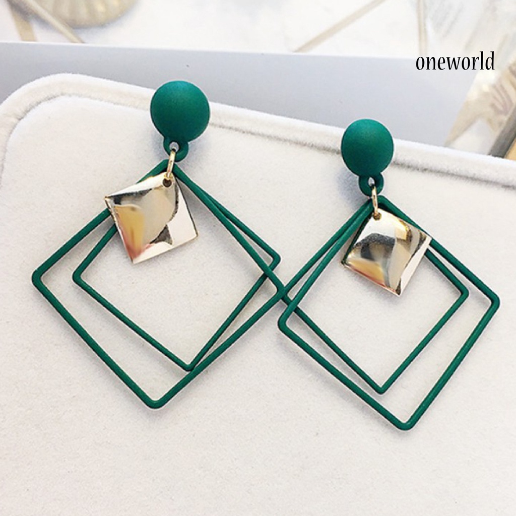 OW@ 1 Pair Ear Studs Piercing Concise Style Alloy Double Square Dangle Earrings for Gift
