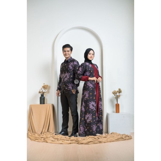 (Saroja) Couple Batik Prili Ungu Kombinasi Moscrep Batik Printing Berkualitas Original Saroja