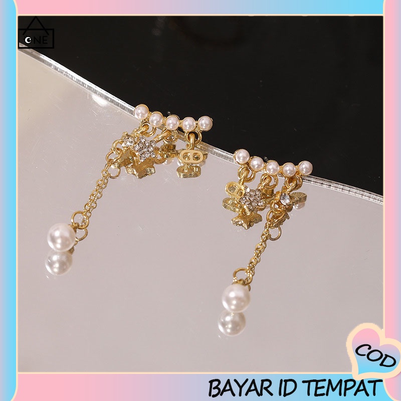 COD❤️Anting Rumbai Busur Mutiara Busana Wanita Kecil Segar Anting Bertabur Bintang Lima Runcing