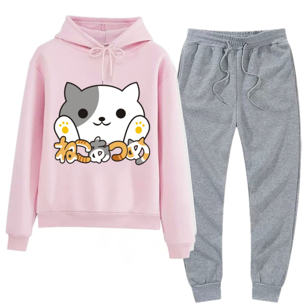 BESS - Setelan Hoodie Wanita Murah / Setelan Hoodie + Jogger Abu - MIMI JAPAN-Pink + Jogger Abu