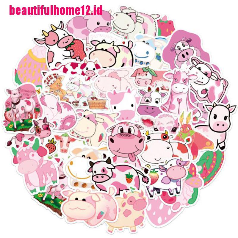 【beautifulhome12.id】50Pcs Cartoon Pink Strawberry Cow Stickers Laptop Skateboard Luggage Stickers