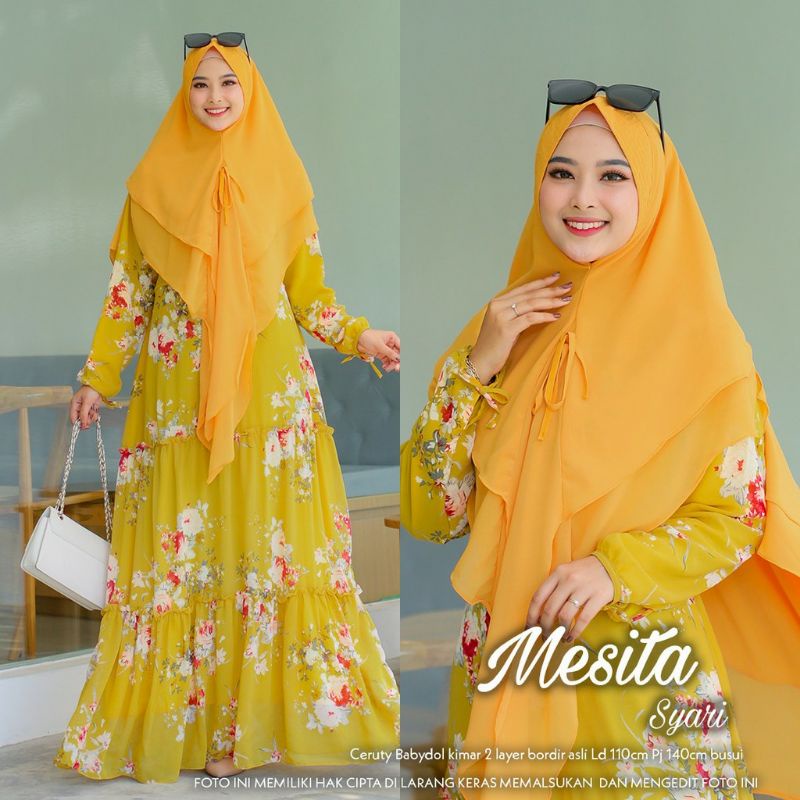 gamis syari pesta mewah ceruty babydoll khimar set mesita syar'i motif bunga