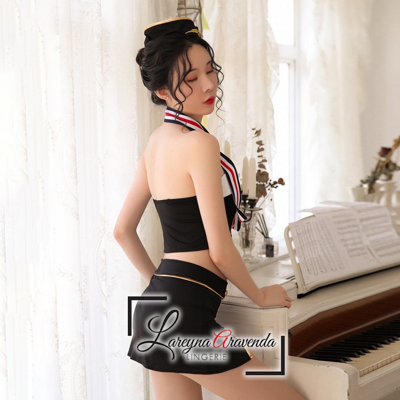 Set Lingerie + Rok + Topi + Dasi + CD Seksi Model Naughty Stewardess Premium LG425