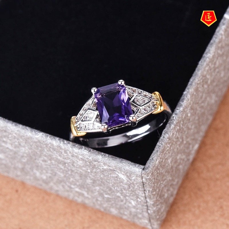 [Ready Stock]Inlaid Topaz Purple Square Diamond Ring 14K Gold Color Separation