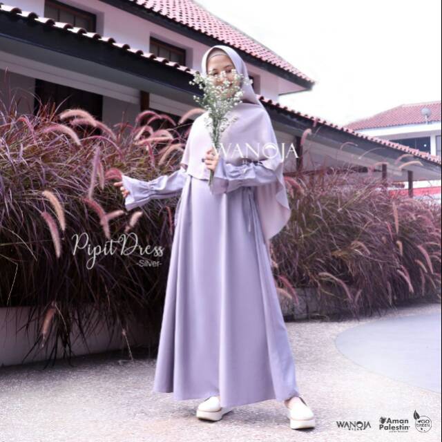 PIPIT DRESS SILVER WANOJA HIJAB - GAMIS SYARI BRANDED TERBARU TOYOBO SILK ABU ABU POLOS ADEM BUSUI