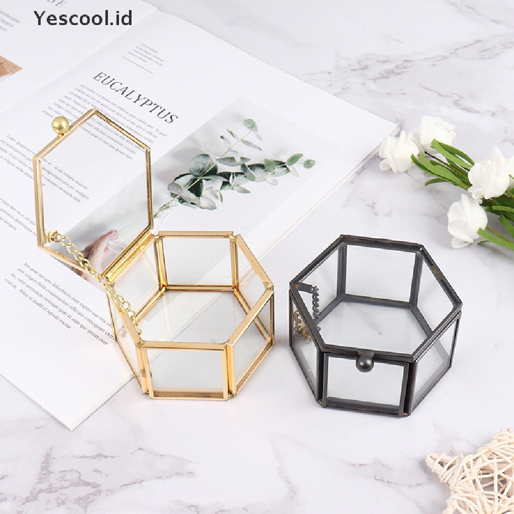 Kotak Holder Penyimpanan Perhiasan Cincin Bentuk Geometrik Bahan Kaca