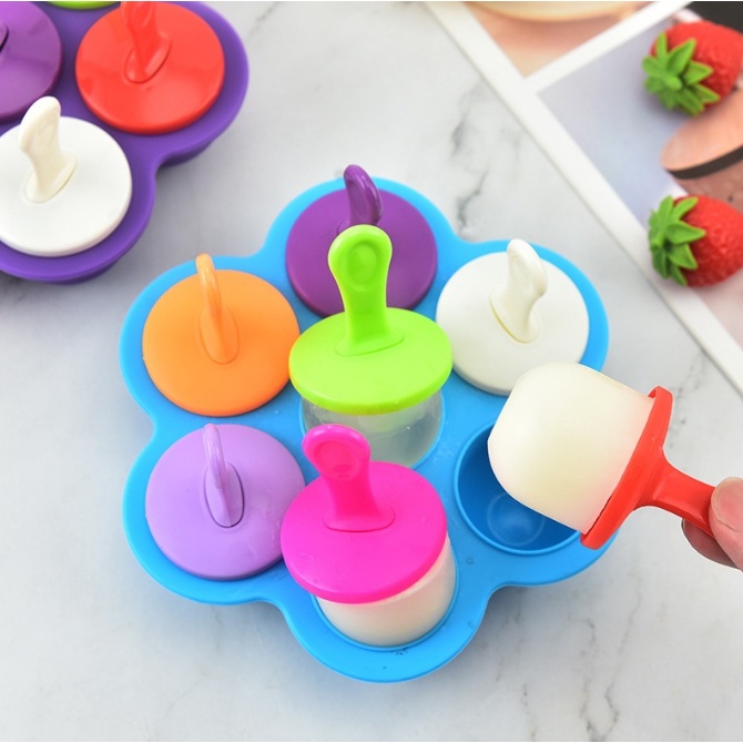 cetakan es cream silikon bulat isi 7 cups / Baby Popsicle Molds Fruit Ice Pop Maker DIY Ice Cream Maker Cetakan Es Krim Stik Lolipop / Cetakan Es Loli / Buah / Makanan Bahan Silikon Dengan 7 Lubang