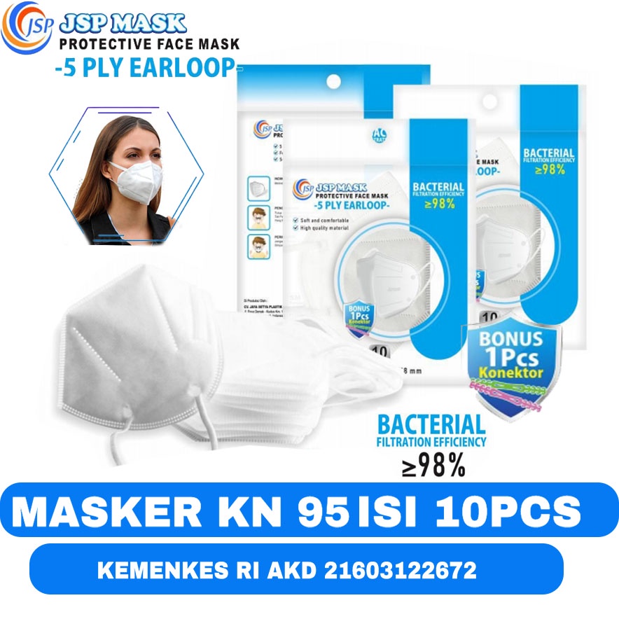 Masker KN95 5PLY isi 10PCS FREE 1 KONEKTOR  masker medis KEMENKES JSP MASK SM15