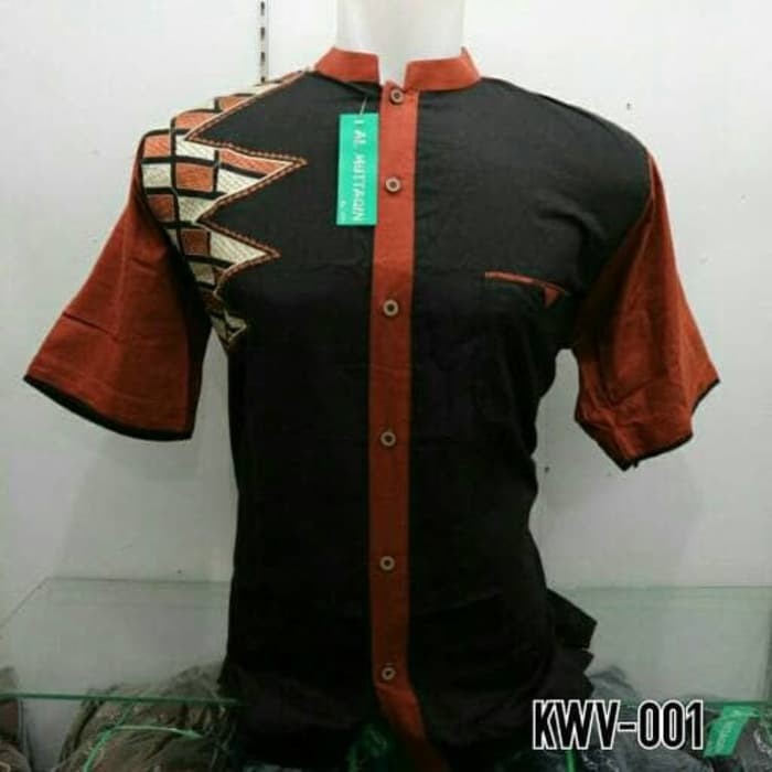 PBK - Baju Pria Muslim Kemeja Koko Baju Koko Hitam Kombinasi Orange KW