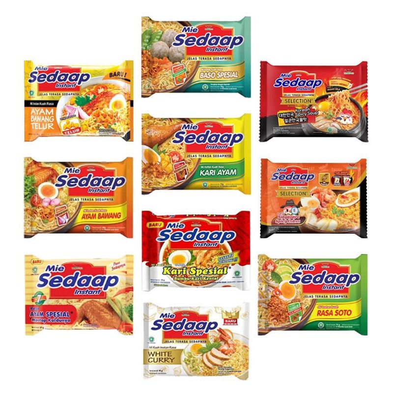 Mie Instan Sedap Mie Sedaap Goreng Kuah Korean Spicy Salero Padang Singapore Spicy Laksa Ayam Limau Kari Ayam Soto All Varian