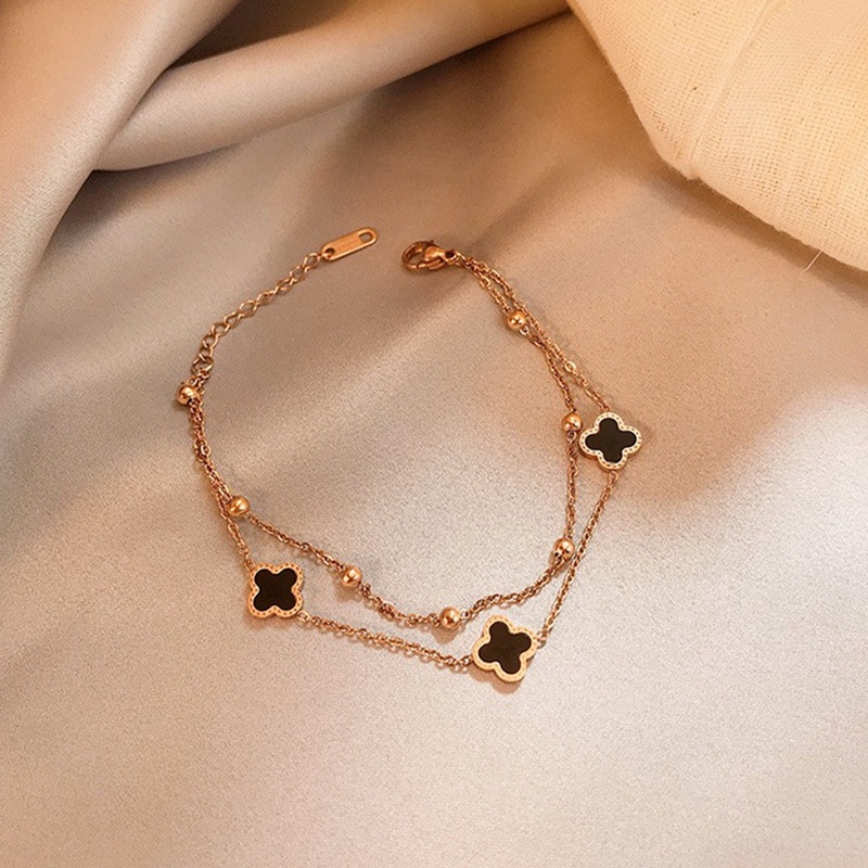 Gelang Titanium 2 Layer Semanggi Beruntung Wanita Anti Karat Emas 18k Korea Aksesoris-1