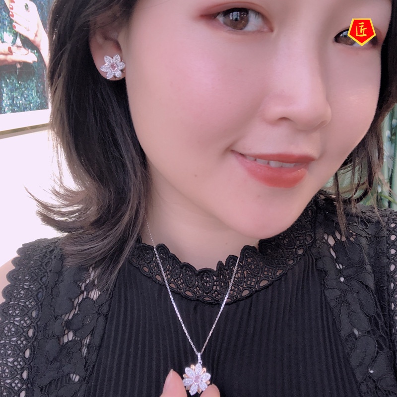 [Ready Stock]Women's Pink Diamond Lotus Open Rings Ear Studs Necklace Set