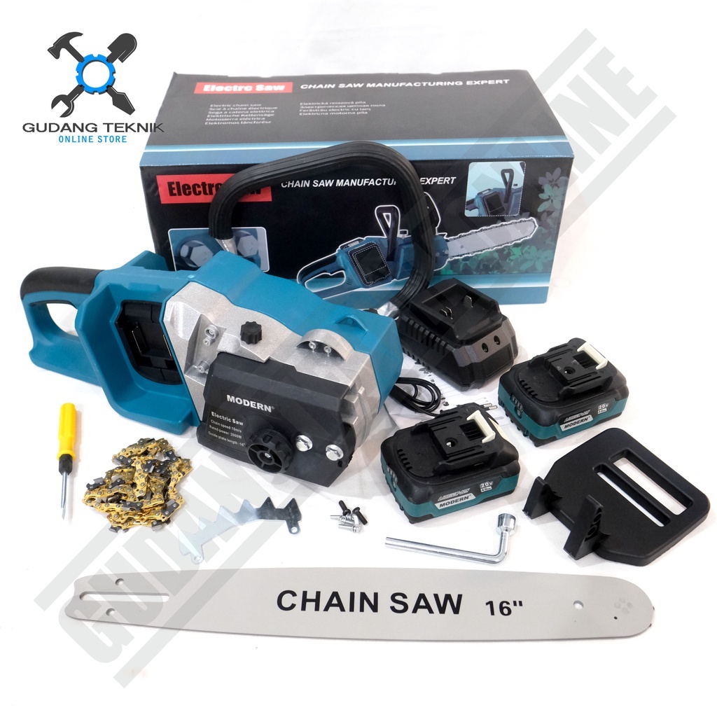 Chainsaw CORDLESS 16&quot; MODERN / Mesin Gergaji Kayu Pohon BATERAI BATERY Bar Rantai 16 Inch  MODERN