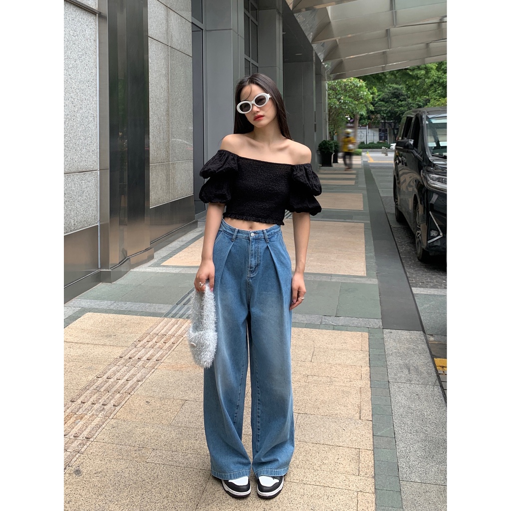 【COD】Biru retro highwaist kulot jeans Korean celana jeans wanita loose Import