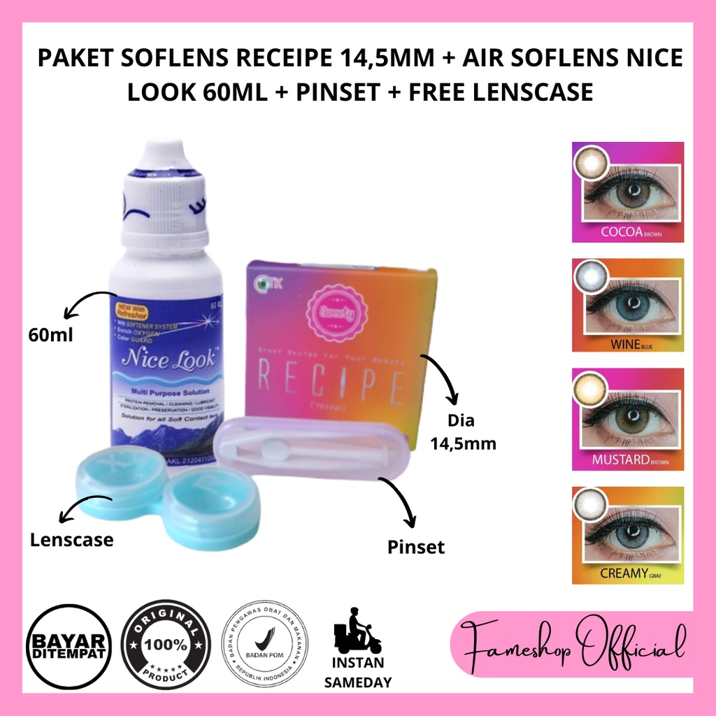 PAKET SOFTLENS RECIPE DIA 14,5MM NORMAL &amp; MINUS + CAIRAN NICE LOOK 60ML + PINSET + LENSCASE / COD INSTAN SAMEDAY / LENSA KONTAK / PAKET MURAH