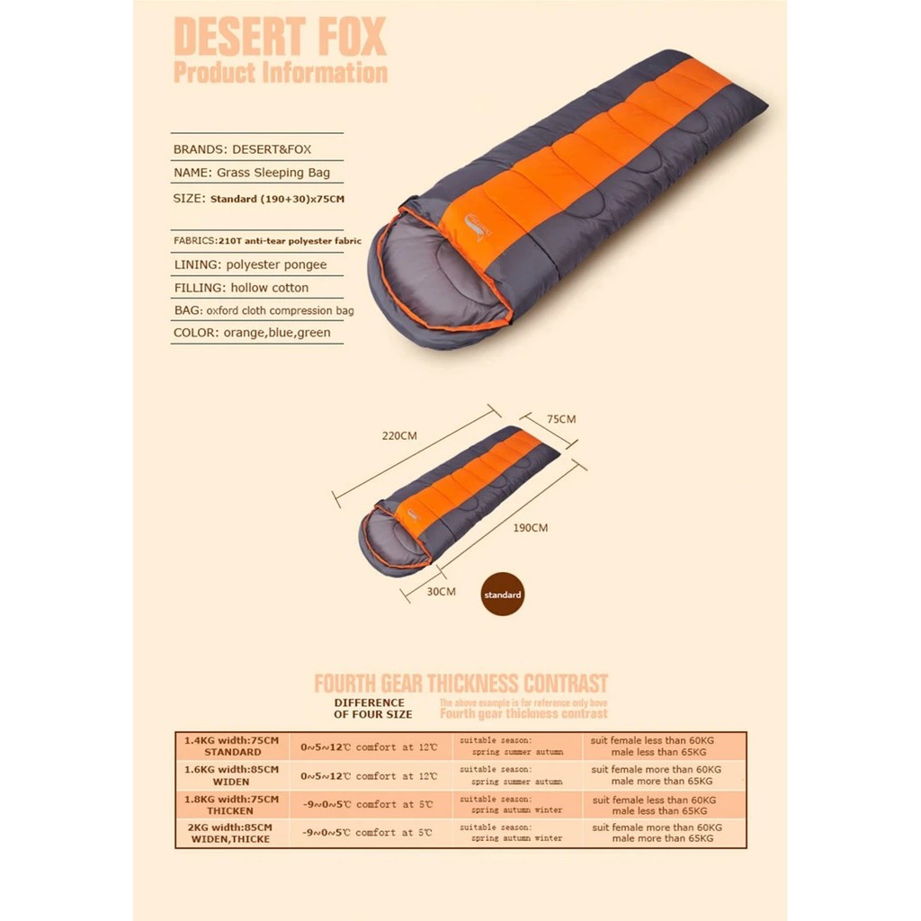 DESERT FOX Outdoor Waterproof Sleeping Bag - 220 x 75cm Standard - 1.4Kgs - Kantong Tidur Praktis