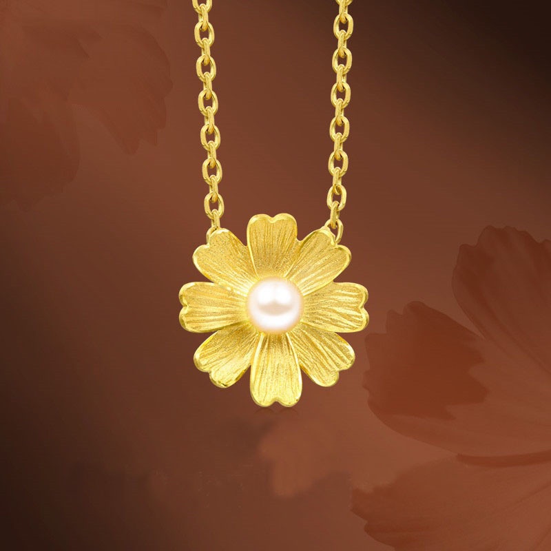 [Ready Stock]Fashion Vintage Flower Pearl Pendant Gold-Plated Necklace