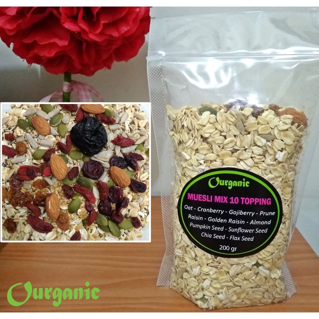 

200 gram - MUESLI Mix 10 Topping Isi Fruit Nut Seed Raw Oat Dry Dried Granola Rolled Oats Roll Utuh Otmeal Oatmeal Isian Toping Campur Buah Kering Kacang Biji Bijian Mentah Snack Sehat Diet Rol Musli Trail Mixed