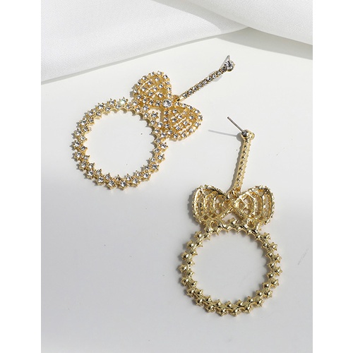 LRC Anting Tusuk Fashion Golden Alloy Studded Bow Round Stud K48097