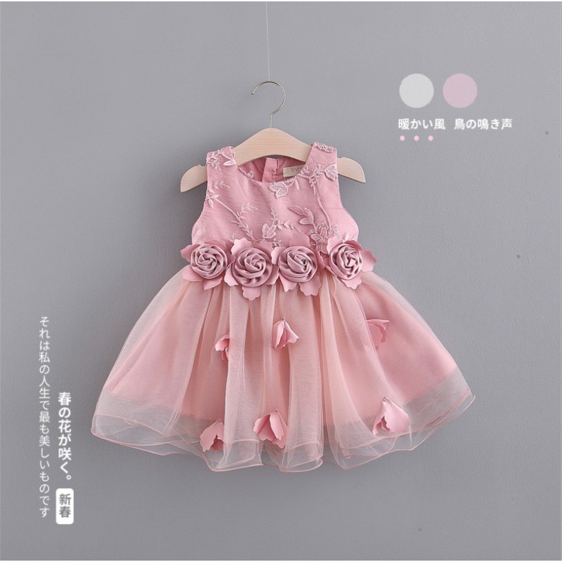 DP91- Dress bayi/baju dress anak /gaun pesta anak perempuan motif tiga bunga warna dusty pink dan putih