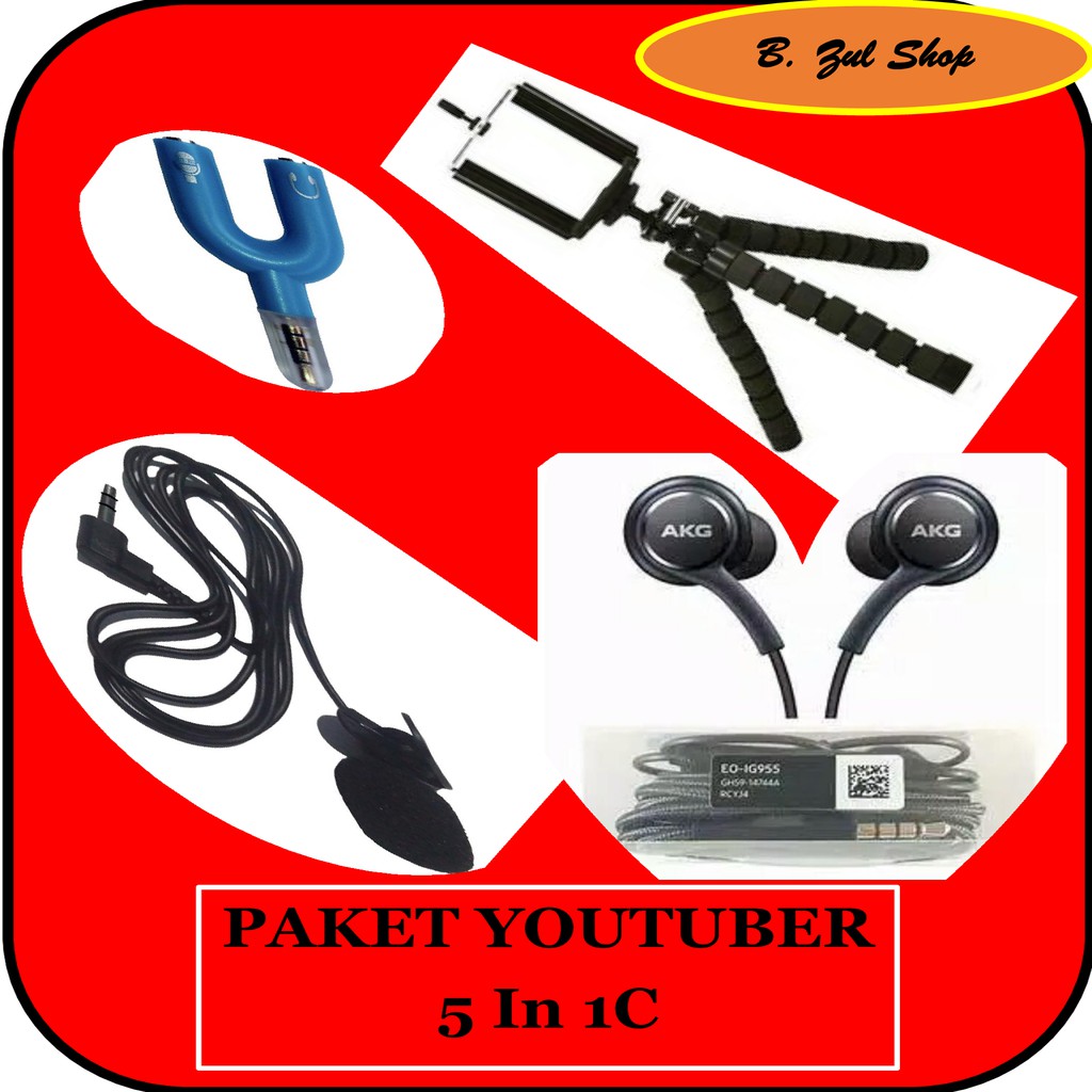 Paket Youtuber / SMULE  5in1, Mini Tripod + U Holder + Clip On Mic + U Splitter + Headset