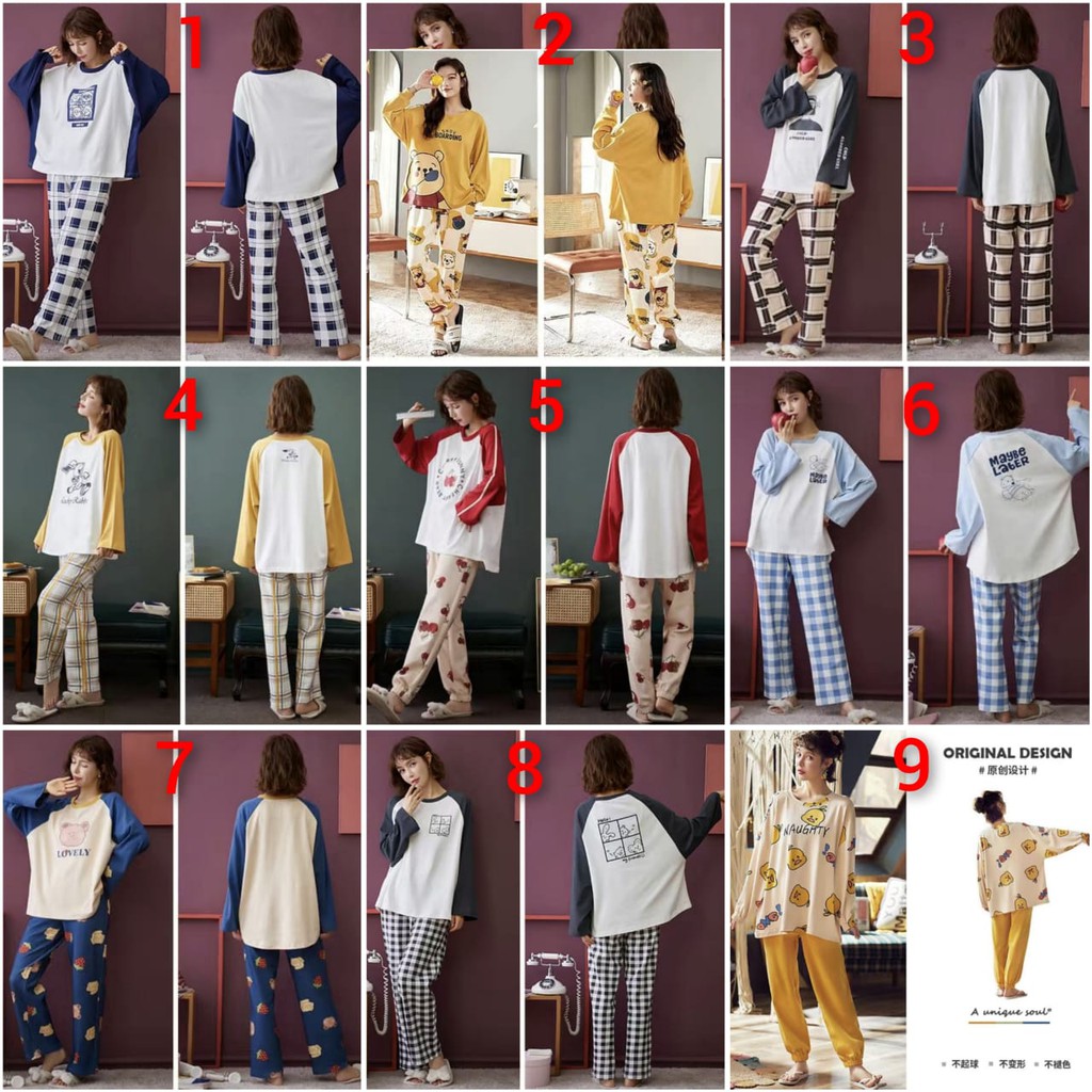 Baju tidur piyama lengan panjang celana panjang bahan kaos import PPkaos112