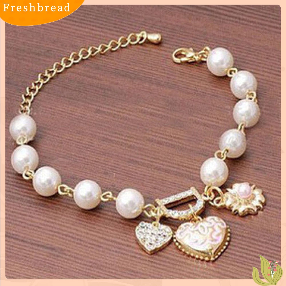 【Fresh】Fashion Faux Pearl Rhinestone Love Heart Pendant Bracelet Jewelry Party Gift