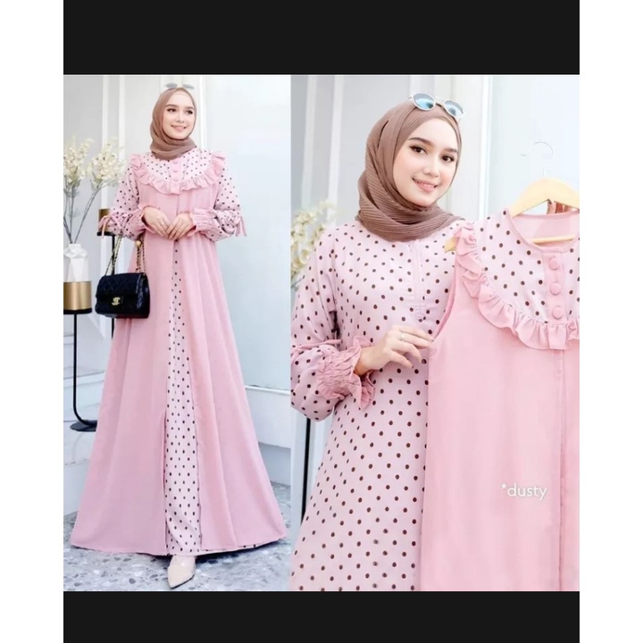 Dress Polkadot mix Ceruti Lepasan Busui Cantik Lebaran Santai Jalan Ruffle Korea