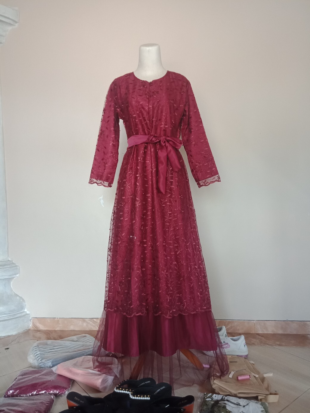 Alodia Dress (ready Stok) Dress Tile Brukat Premium Aksen Mutiara Gliter Kondangan Busui