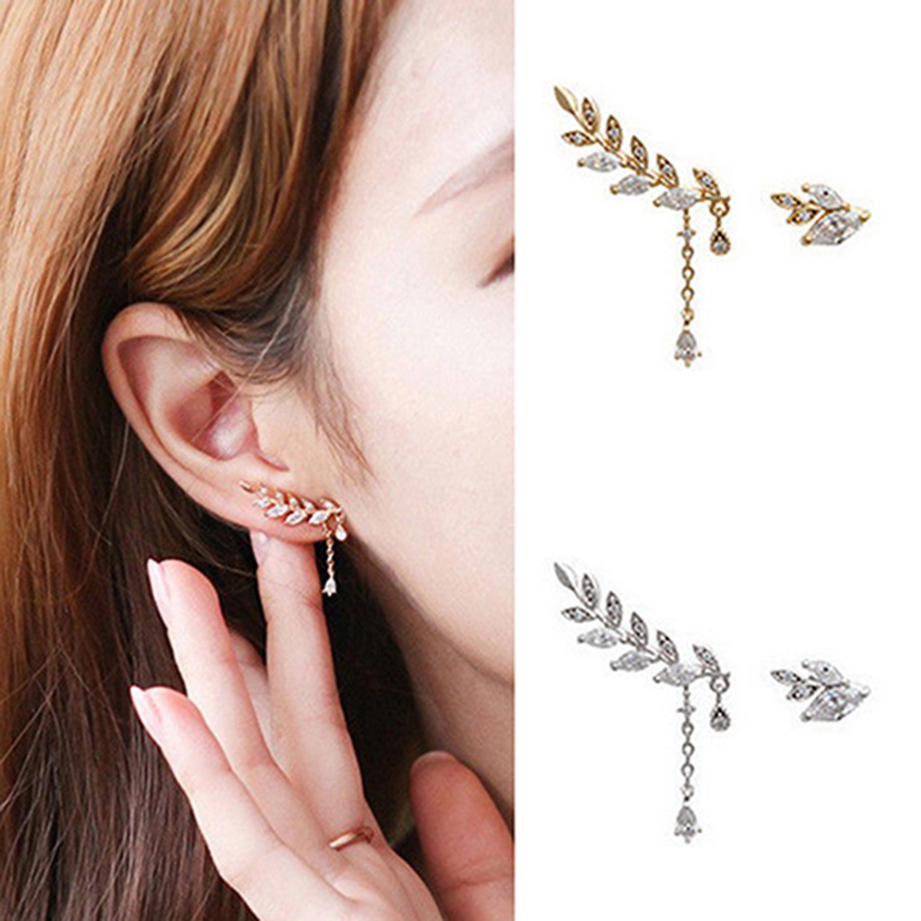 Hu Hu Hu Hu Hu Alat Bantu Pasang Kacamata♡ Anting Stud Asimetris Bentuk Daun Rumbai Aksen Berlian Imitasi Anti Karat Untuk Wanita